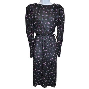 Vintage Charlee Allison Womens Black Floral Belted Midi Dress Sz‎ 14 Mad Men